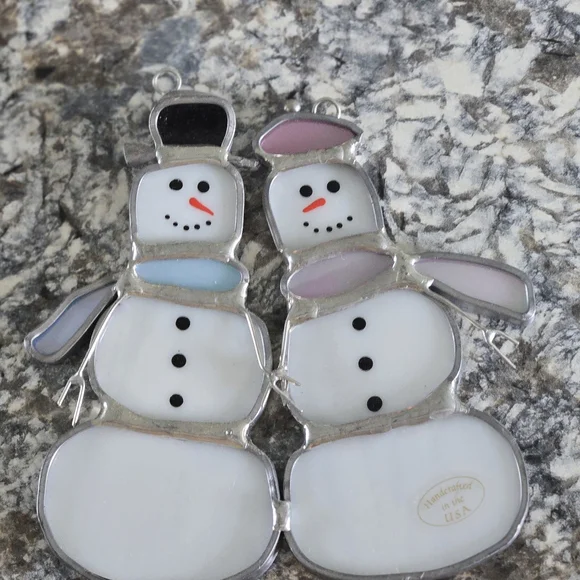 Stained Glass Snowman Suncatcher Window Ornament Snow People Husband And Wife - Picture 2 of 4